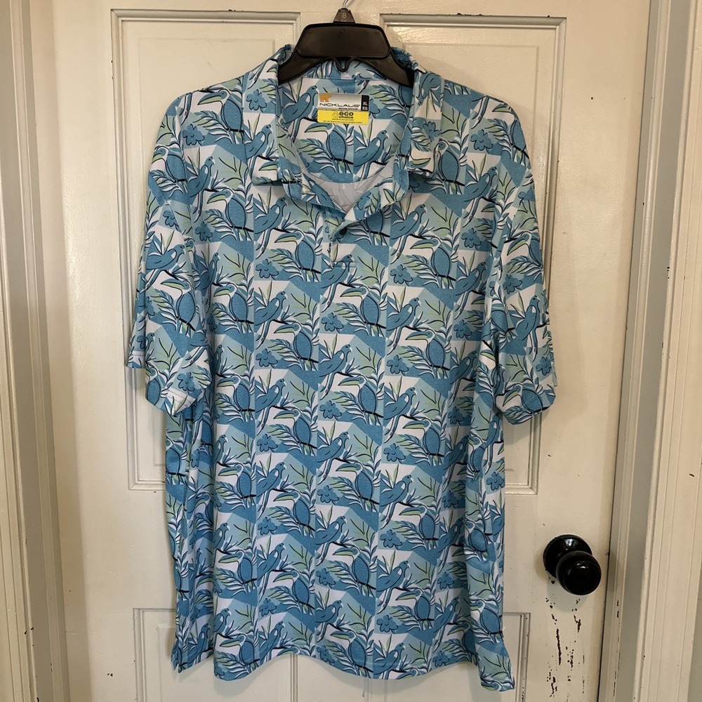 Nicklaus Men's Eco Choice Hawaiian Golf Polo Shirt Size XL Blue Vacation‎ Beach